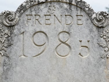 Macro shot of the same 19th-century marble headstone, fully clean and legible, carved lettering crisp and visible, stone texture preserved, soft overcast light.