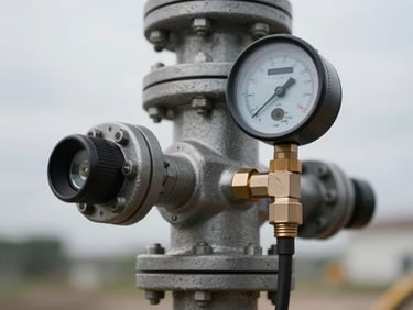Tight macro shot of a secure heavy-duty fuel coupling with a digital flow meter displaying technical telemetry, high-contrast overcast daylight, industrial precision.