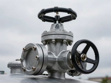 Tight macro shot of a secure heavy-duty fuel coupling valve on a steel tank, high contrast overcast daylight, sharp technical details.