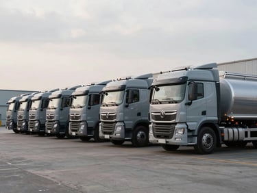 Wide environmental shot of a fleet of clean slate-gray diesel tanker trucks parked in perfect alignment at an industrial facility, overcast morning sky.