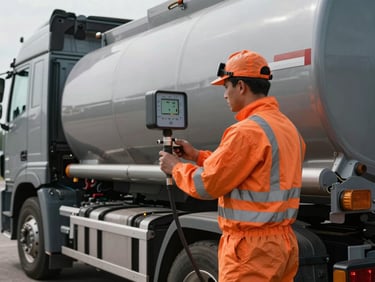 A heavy-duty tanker truck driver in clean high-vis orange PPE operating a digital flow meter on the side of a slate-gray truck.