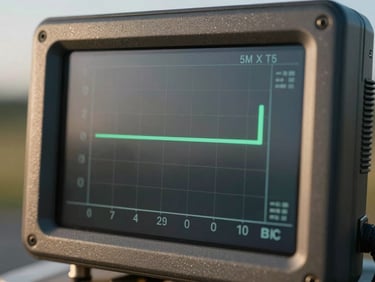 Close-up of a rugged digital telemetry screen displaying fuel tank levels with precise grid lines, crisp early morning light.