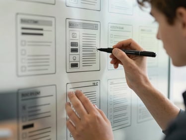 Close-up action shot of a teenager's hands sketching a user interface wireframe on a glass board, vibrant markers, bright natural light