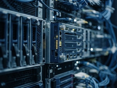 Macro close-up of high-end server infrastructure with sharp gold indicator lights, cool desaturated blue tones, shallow depth of field, 35mm photography