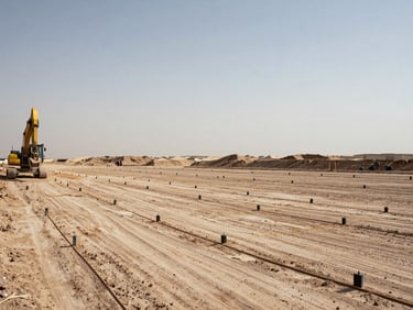 Wide shot of a levelled construction site in the UAE, earthmoving equipment at the far left, survey stakes in a grid pattern across compacted earth, hazy sky above, no finished buildings visible