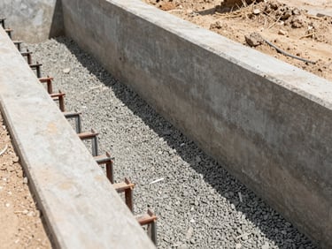 Close-up of a concrete drainage channel under construction, fresh aggregate base visible, steel formwork along the channel walls, natural daylight from above, Dubai desert soil at the edges