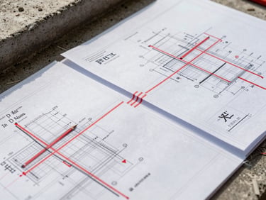 Close-up overhead view of MEP coordination drawings spread on a site floor, junction details marked in red pencil, concrete substructure visible at the edge of frame, harsh site daylight, no people