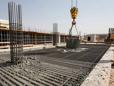Wide shot of active concrete pour at a Dubai building site, rebar lattice visible through wet concrete, formwork shuttering in the background, crane hook descending upper right, midday site lighting, no posed workers