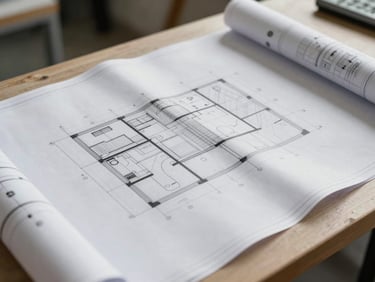 Close-up of architectural blueprint sheets laid flat on a site table, pencil annotations visible on structural plan drawings, natural daylight from the side, no people