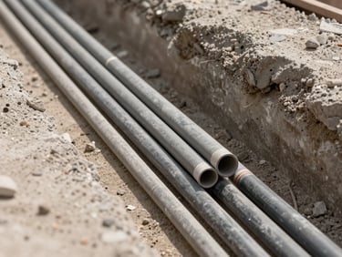 Close-up of bundled MEP conduit being laid in a below-slab trench on a construction site, various pipe diameters, concrete substrate below, natural site lighting, Dubai construction context