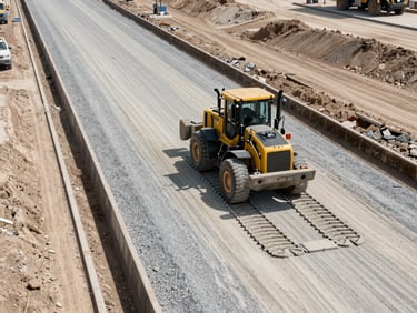Overhead view of a newly formed site access road on a Dubai construction site, compacted gravel base, wheel-loader tracks visible, adjacent utility trench being backfilled, midday sun, wide frame