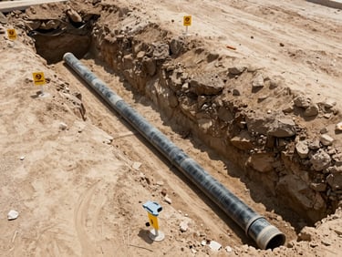 Overhead plan-view of civil infrastructure trenching work on a UAE development site, drainage pipe sections laid in sandy earth, surveying markers visible, daylight, no people posed
