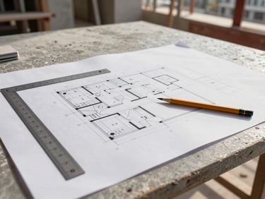 Wide environmental shot of an architect's drafting station on an active Dubai construction site, detailed plan drawings pinned flat, pencil and scale ruler resting on the sheet, concrete slab visible beyond, daylight overhead, no people