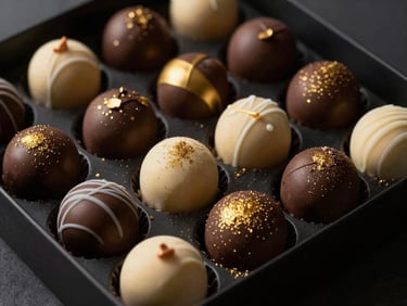 Moody food photography of a luxury chocolate box with hand-painted truffles, low-key dramatic side-lighting highlighting gold dust, deep graphite background, rich textures, shallow depth of field