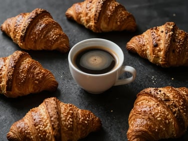 Moody food photography of a premium brunch flatlay with fresh croissants and single-origin coffee, low-key dramatic side-lighting, warm champagne gold accents, rich textures, shallow depth of field