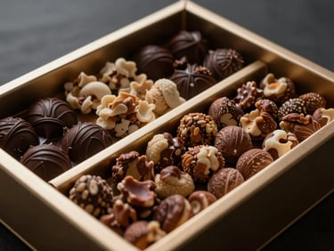 Moody food photography of a corporate gourmet gift box with premium nuts and dark chocolate, low-key dramatic side-lighting, elegant presentation, shallow depth of field