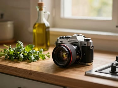 A rustic camera setup on a kitchen counter next to fresh herbs and olive oil, warm golden light.