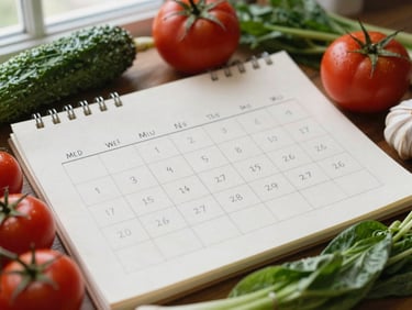 A hand-drawn editorial content calendar on parchment paper, surrounded by fresh ingredients.