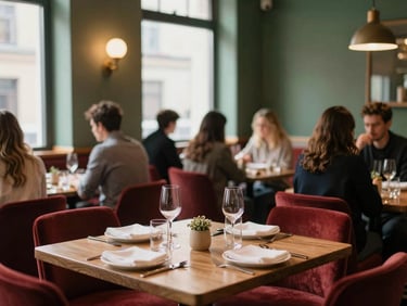 A cozy Scandinavian-style restaurant dining room filled with guests, warm ambient lighting.