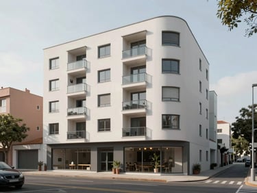 Apartment building facade in Penha, viewed from the street, clean modern render finish, ground-floor commercial unit, morning overcast light, low-rise neighborhood context