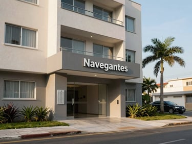 Ground-floor view approaching a modern residential block in Navegantes, Santa Catarina, morning clean light, building entrance with intercom panel in focus, nearby street and palm tree in background