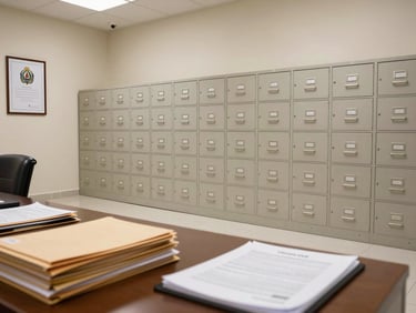 Environmental wide shot of a formal government-services office interior in neutral daylight — floor-to-ceiling filing cabinets along the far wall, a desk with stacked manila folders and an open official ledger in the foreground, UAE federal insignia visible on a framed document mounted to the left wall, no staff or clients present