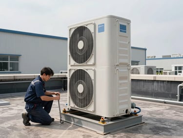 Wide shot of a rooftop commercial HVAC condenser unit being bolted into position, technician kneeling with wrench on the left, industrial building facade behind, overcast daylight, no staging