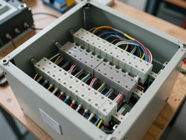 Overhead view of an open electrical panel mid-assembly, labeled terminal blocks in precise rows, wire looms color-coded and tied, workshop bench under diffused north-light, no hands in frame