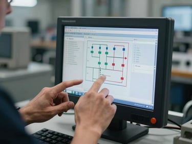 Close-up of a programmer's hands at an industrial HMI terminal, PLC ladder logic visible on screen, factory floor blurred in background, cool blue-white monitor glow against ambient workshop light