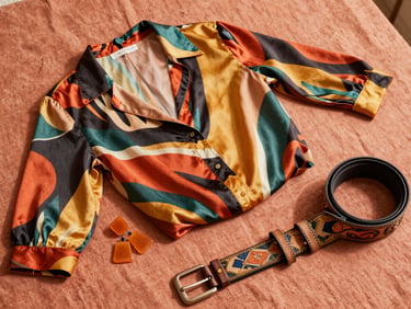 Flat lay of bold vintage fashion pieces — a printed silk blouse, chunky resin earrings, a hand-painted belt — arranged on a warm terracotta linen surface, soft natural daylight