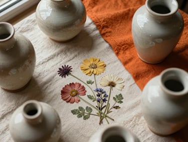 Close-up overhead flat lay of vintage ceramic vessels, pressed flowers, and a bold orange fabric swatch on a cream linen surface, warm natural window light, rich texture detail