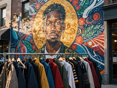 Street-level photograph of a colorful Adams Morgan DC mural with a rack of vintage clothing in the foreground, golden afternoon light, layered urban texture