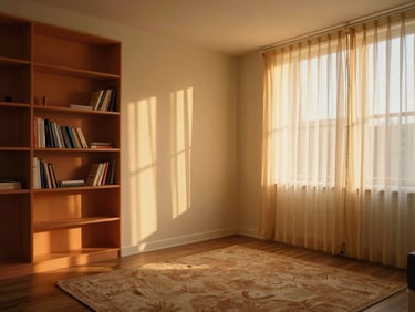 Wide shot of a small DC apartment living area where every surface — shelves, wall, rug — carries a different saturated color, golden-hour light through sheer curtains, no blank walls visible