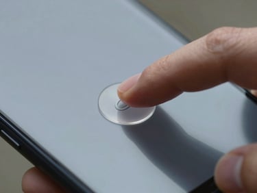 Close-up macro shot of a hand tapping a large, clear digital button on an Android smartphone screen, realistic daylight with soft shadows.