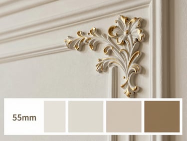 Bright editorial photography of elegant decorative plaster with metallic or velvet texture, warm luxury interior lighting, realistic textures, 35mm