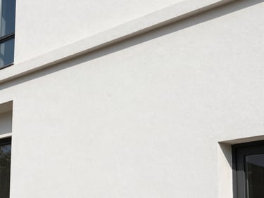 Bright editorial photography of a modern architectural exterior wall with clean plaster finish, bright daylight, realistic paint texture, 35mm