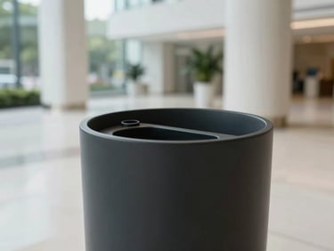 Close-up of a matte-black cylindrical self-watering pot showing a clean, integrated reservoir indicator in a modern luxury lobby