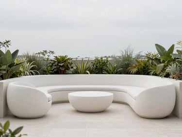 Wide eye-level shot of custom-molded monolithic planters integrated into a luxury terrace seating area, overcast day