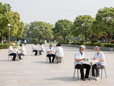 Elderly citizens participating in a health check-up in a clean public park, bright natural daylight, clean corporate colors, wide environmental framing, professional 35mm lens