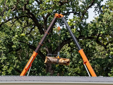 A massive oak tree trunk being lifted cleanly over a roof by a hydraulic crane, bright daylight, sharp focus