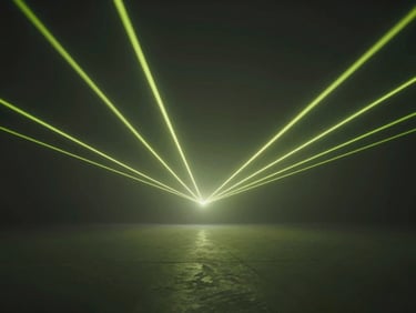 Abstract light play showing sharp neon lime laser lines cutting through a dark, foggy minimalist space, high contrast, cinematic studio lighting.