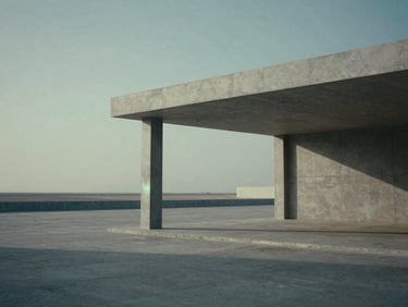 Wide-angle cinematic shot of a minimalist concrete pavilion in Dubai, sharp diagonal shadows, overcast diffused daylight, extensive negative space on the left, high contrast medium format film style.