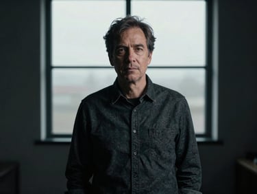 Stark, cinematic medium-format portrait of a visionary founder in a dark minimalist studio, soft overcast window light, deep shadows, cool desaturated tones.