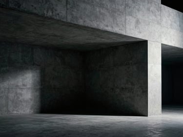 Stark cinematic studio lighting on a minimalist concrete architectural structure with deep shadows and sharp neon highlights, medium format film