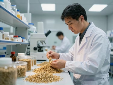 A national feed formulator in a clean laboratory setting analyzing feed ingredients with scientific equipment, bright industrial lighting, professional atmosphere.