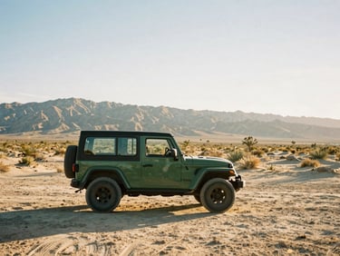 Jeep parked at golden hour overlooking a dusty Southern California desert landscape, distant mountains, wide-angle, 35mm film grain