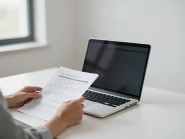 A calm, well-lit home office, a person reviewing documents on a laptop, bright indoor daylight, clear and professional