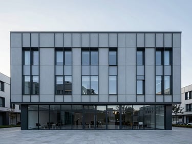 Architectural wide shot of a modern minimalist office in Ankara, cool diffused daylight, sharp focus, clean lines, desaturated blue tones.