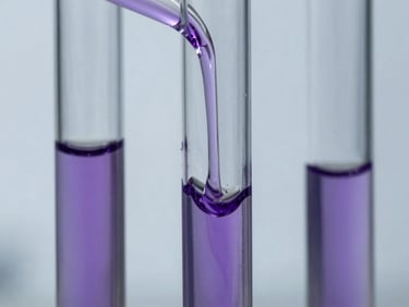 Macro photography of translucent purple fluid flowing through glass tubes, soft studio lighting, clinical aesthetic