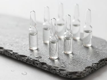 Macro shot of premium skincare glass vials arranged on a neutral grey stone slab, water droplets, bright sterile lighting.